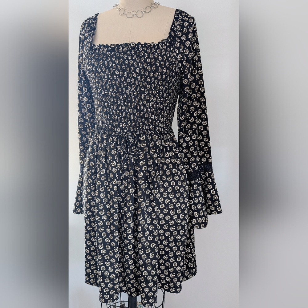 Xhilaration - Black Floral Bell Sleeve Boho Dress - Size S